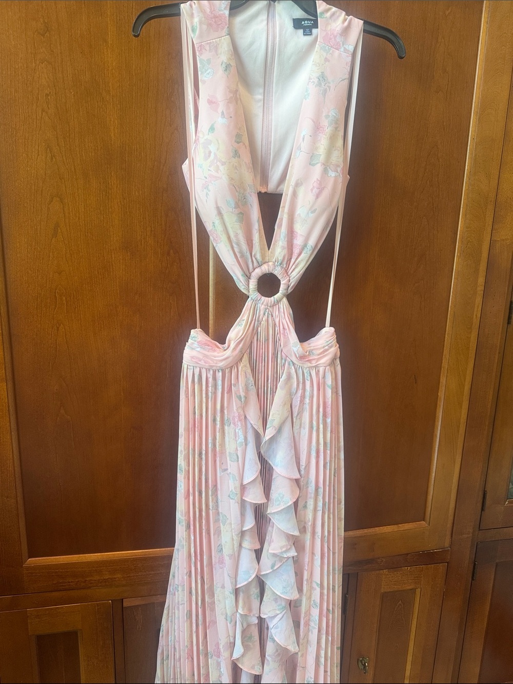 Aqua Peach Colored Floral Ruffle Maxi Dress with Ring Detail